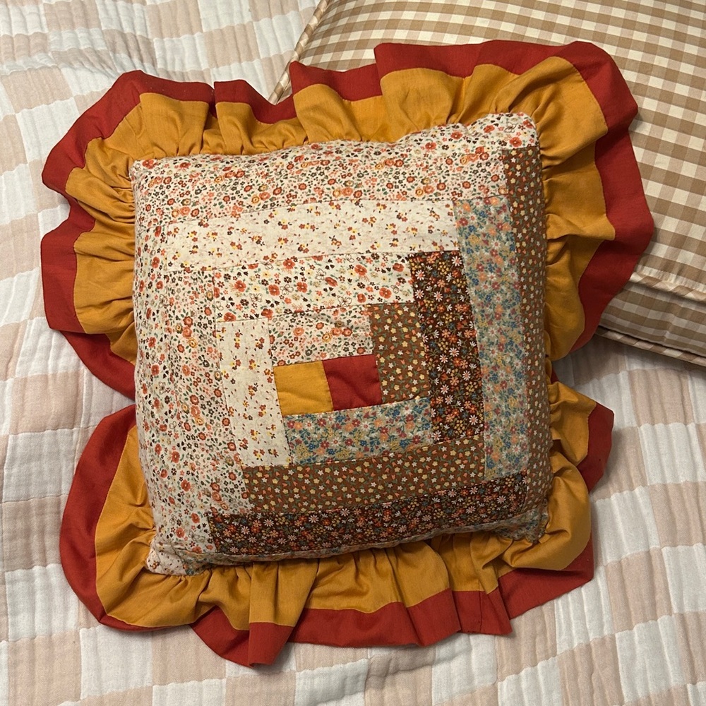 Antique Log Cabin Quilt Pillow Floral Back Terracotta Gold Applecore Aesthetic